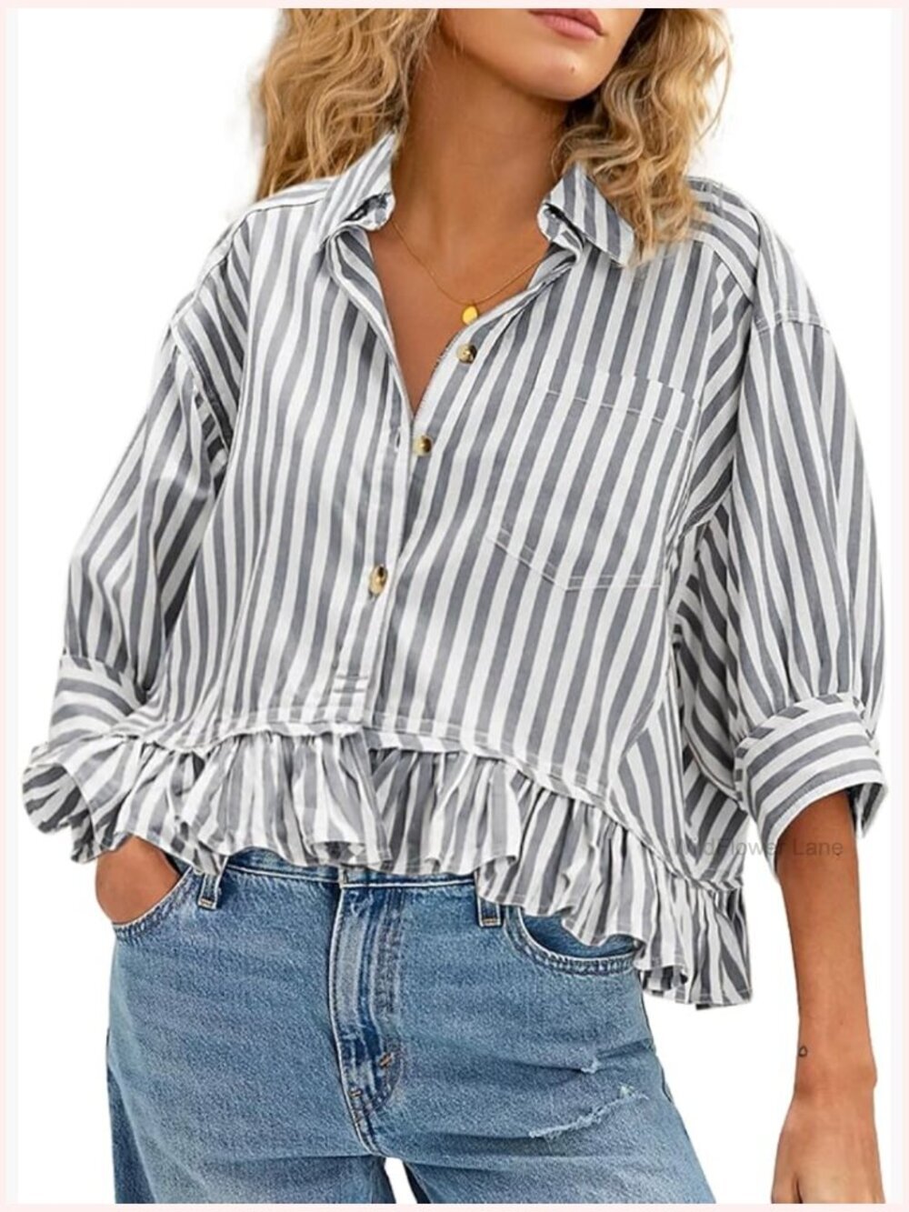 Women's Ruffled Babydoll Blouse - Cute Striped Button Down Summer Top